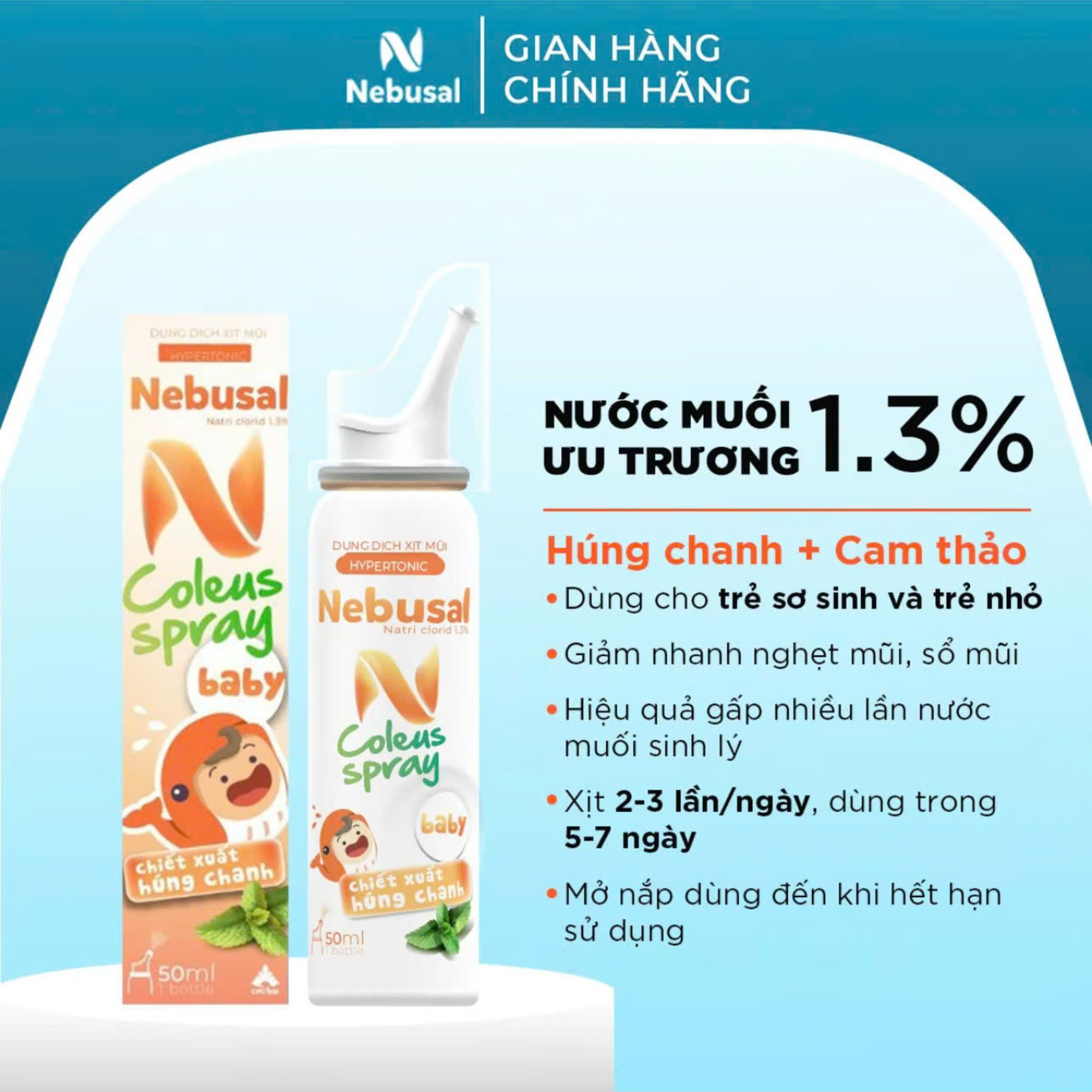 Xịt Mũi Nebusal Coleus Spray Baby 1.3% Giúp Bé Giảm Nghẹt Mũi Và Ngủ Ngon (Chai 50ml)