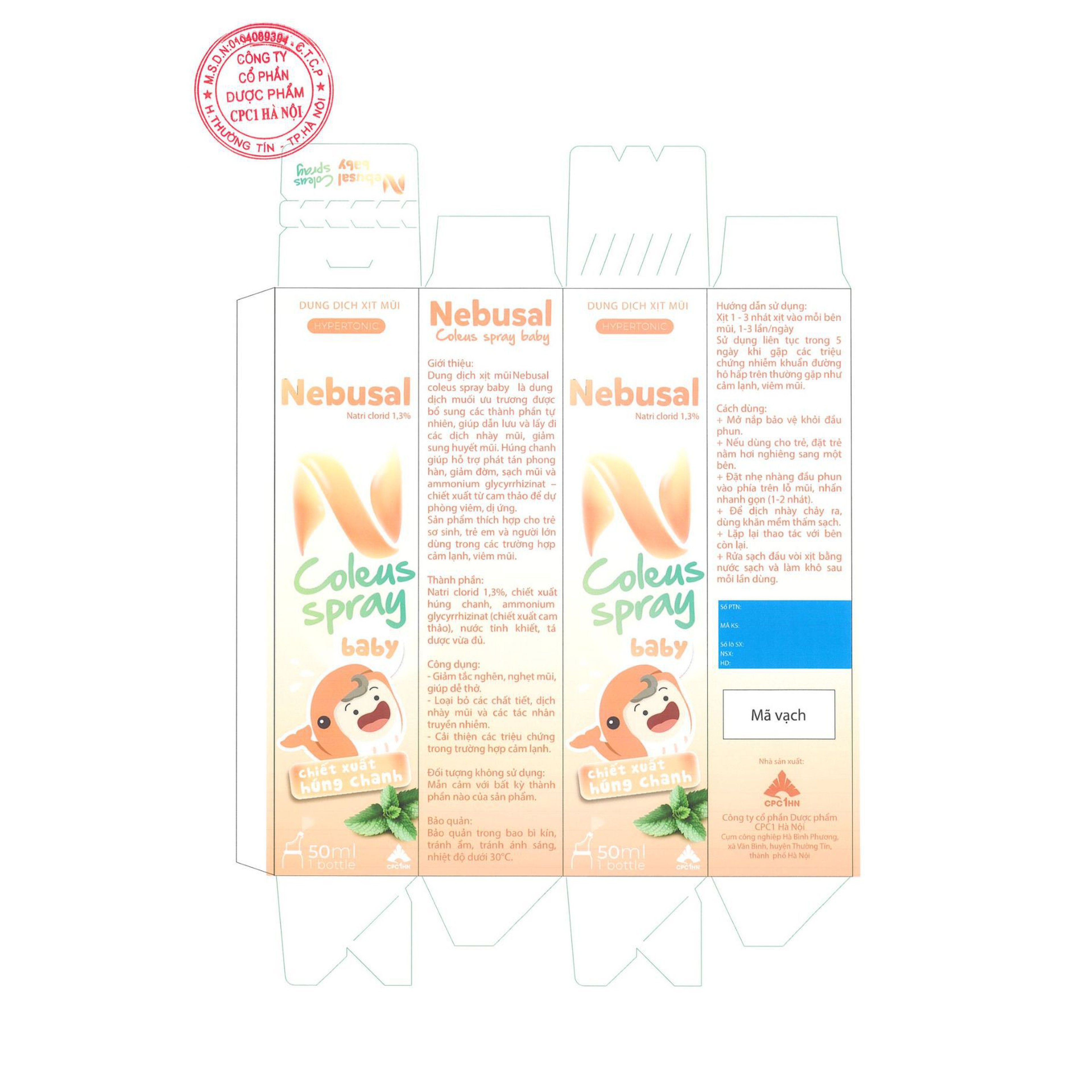 Xịt Mũi Nebusal Húng Chanh 1.3% Bổ Sung Nước Muối Ưu Trương Cho Bé Giảm Nghẹt Mũi, Sổ Mũi, Viêm Mũi (Chai 50ml)