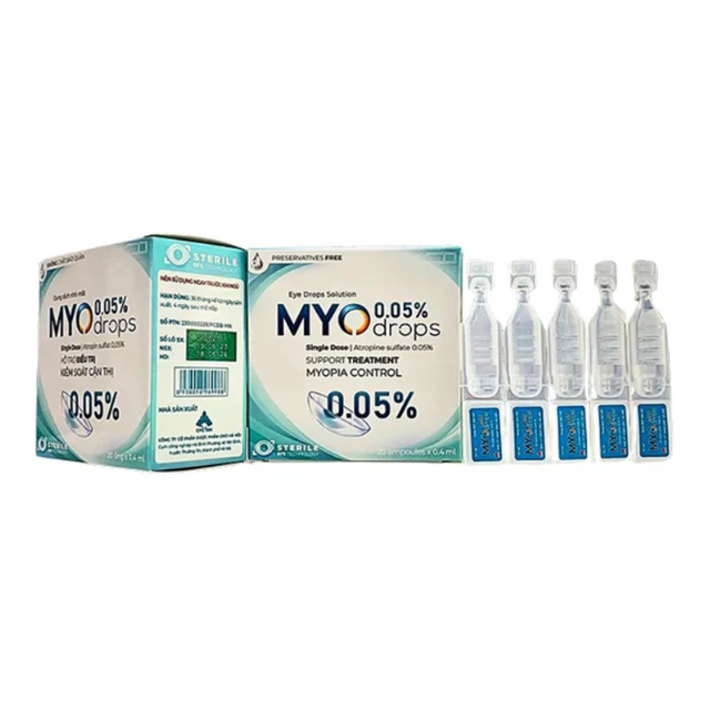 Dung dịch nhỏ mắt Myodrops 0,05% làm chậm tiến trình tăng độ cận, bảo vệ thị lực (Hộp 4 vỉ x 5 ống 0,4 ml)